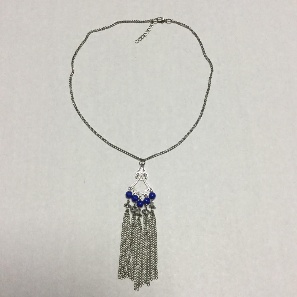 Silver & Blue Beaded Pendant Necklace 20” chain